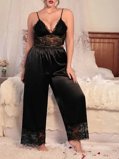 Satin Lace Solid Nightsuit For Women/Bralette Top Pajama Set