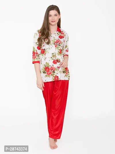 Floral Print Satin Button Up Shirt and Long Leg Pyjama Set - Red (Size - Free )