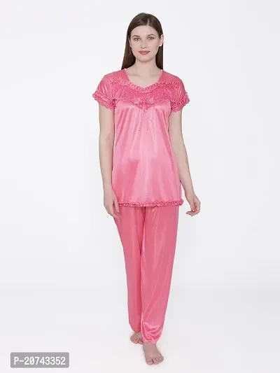 Silky Satin Top And Pyjama Set - Pink (Size - Free )-thumb0