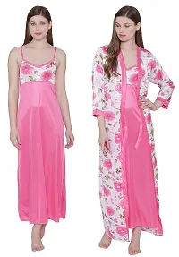Floral Print Satin Nighty and Robe Set - Pink (Size - Free )-thumb1