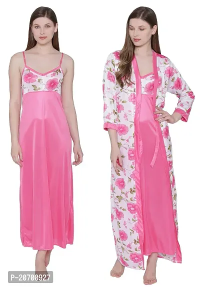 Floral Print Satin Nighty and Robe Set - Pink (Size - Free )-thumb2