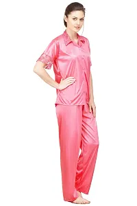 Silky Satin Top And Pyjama Set - Pink (Size - Free )-thumb1