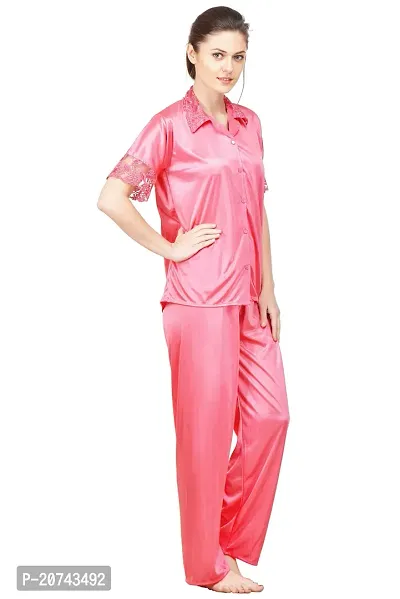 Silky Satin Top And Pyjama Set - Pink (Size - Free )-thumb2