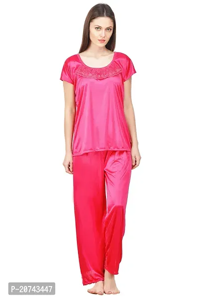 Silky Satin Top And Pyjama Set - Pink (Size - Free )-thumb0