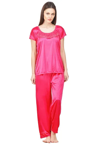 Silky Satin Top And Pyjama Set - (Size - Free )