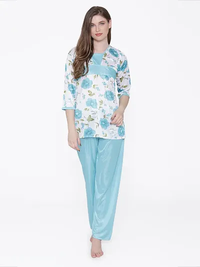 Floral Print Satin Top and Long Leg Pyjama Set - Light (Size - Free )