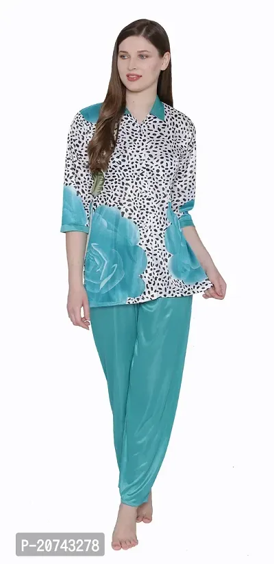 Floral Print Satin Button Up Shirt and Long Leg Pyjama Set - Light Blue (Size - Free )