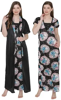 Floral Print Satin Nighty and Robe Set - Multicolor (Size - Free )-thumb1