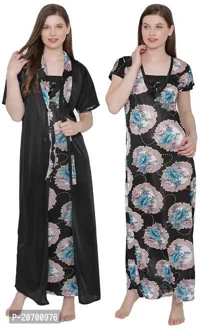 Floral Print Satin Nighty and Robe Set - Multicolor (Size - Free )-thumb2