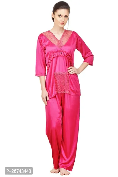 Silky Satin Top And Pyjama Set - Pink (Size - Free )-thumb0