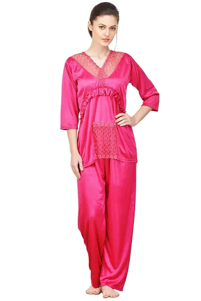 Premium Solid Satin Lace Night Suit Set/Nightsuit For Women