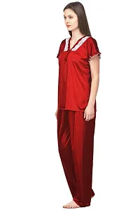 Silky Satin Top And Pyjama Set - Maroon (Size - Free )-thumb1