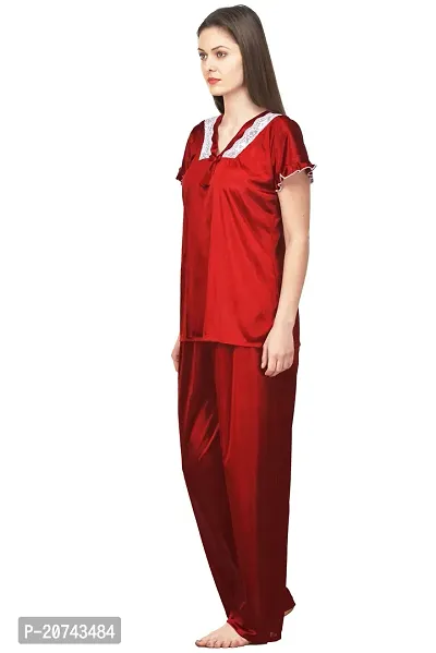 Silky Satin Top And Pyjama Set - Maroon (Size - Free )-thumb2