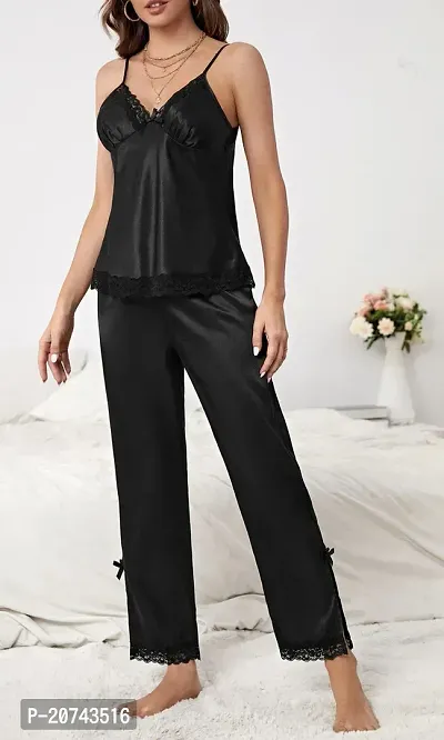 Satin Lace Black Solid Nightsuit-thumb4