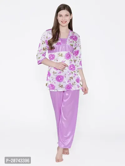 Floral Print Satin Top and Long Leg Pyjama Set - Light Blue (Size - Free )