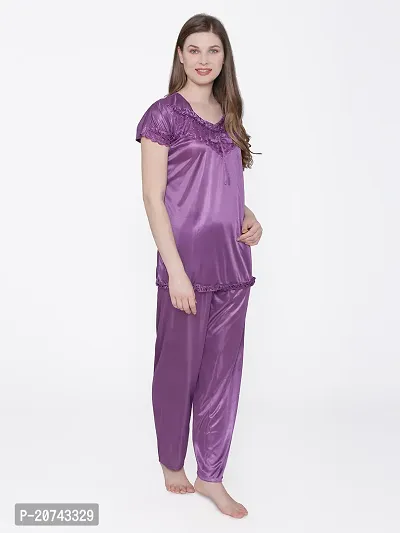 Silky Satin Top And Pyjama Set - Purple (Size - Free )-thumb3