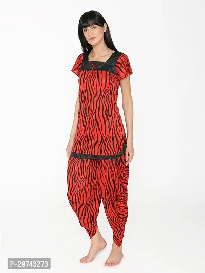 Tiger Print Satin Short Sleeve Top and Long Leg Dhoti Set - Red (Size - Free )-thumb2