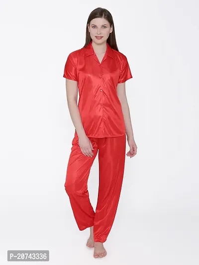 Silky Satin Top And Pyjama Set - Red (Size - Free )-thumb2