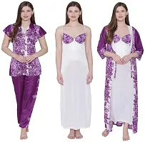 Floral Print Satin Nighty, Robe, Shirt And Pyjama Set - Purple (Size - Free )-thumb1