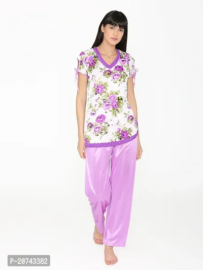 Floral Print Satin Top and Long Leg Pyjama Set - Blue (Size - Free )