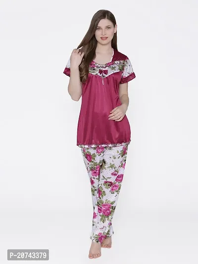 Floral Print Satin Top and Long Leg Pyjama Set - Maroon (Size - Free )