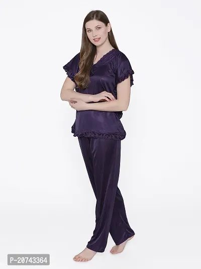 Silky Satin Top And Pyjama Set - Purple (Size - Free )-thumb2