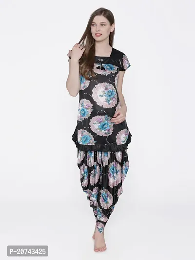 Floral Print Satin Short Sleeve Top and Long Leg Dhoti Set - Multicolor (Size - Free )