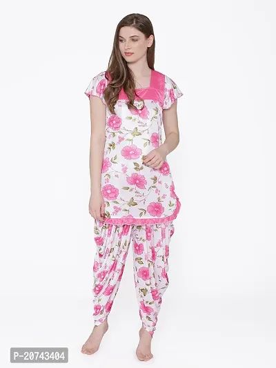 Floral Print Satin Short Sleeve Top and Long Leg Dhoti Set - Pink (Size - Free )-thumb5