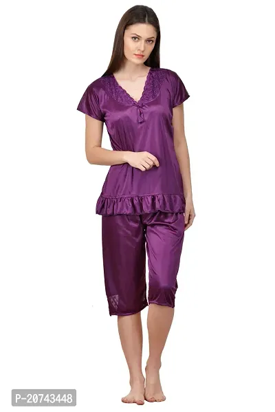 Silky Satin Top And Capri Set - Purple (Size - Free )-thumb0