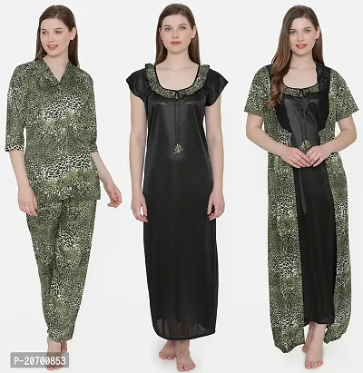 Leopard Print Satin Nighty, Robe, Shirt And Pyjama Set - Green (Size - Free )