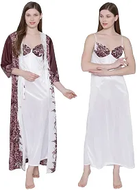 Floral Print Satin Nighty and Robe Set - Brown (Size - Free )-thumb1