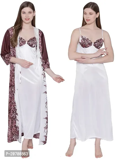 Floral Print Satin Nighty and Robe Set - Brown (Size - Free )-thumb2