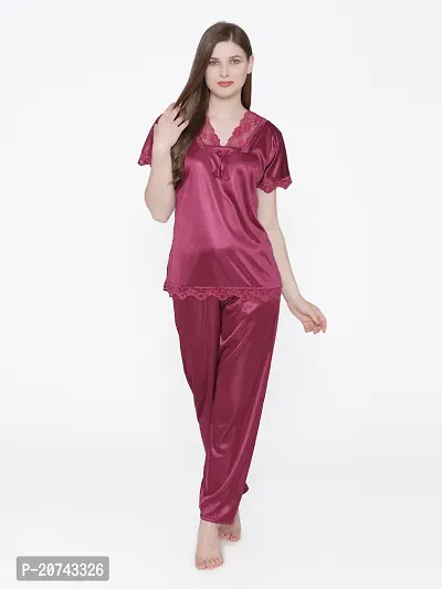 Silky Satin Top And Pyjama Set - Maroon (Size - Free )-thumb0