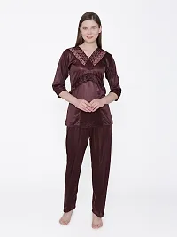 Silky Satin Top And Pyjama Set - Purple (Size - Free )-thumb1