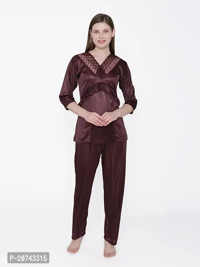 Silky Satin Top And Pyjama Set - Purple (Size - Free )-thumb2