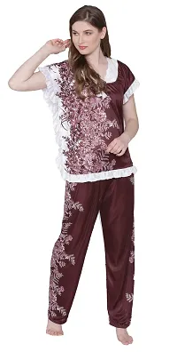 Floral Print Satin Top and Long Leg Pyjama Set - Brown (Size - Free )-thumb2