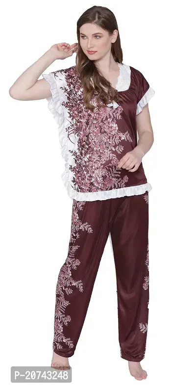 Floral Print Satin Top and Long Leg Pyjama Set - Brown (Size - Free )-thumb3