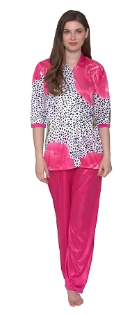 Floral Print Satin Button Up Shirt and Long Leg Pyjama Set - Pink (Size - Free )-thumb1