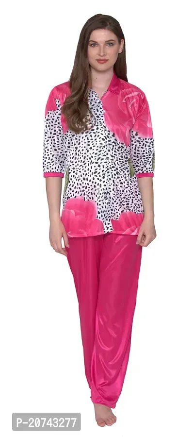 Floral Print Satin Button Up Shirt and Long Leg Pyjama Set - Pink (Size - Free )-thumb2