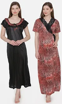 Leopard Print Satin Nighty and Robe Set - Red (Size - Free )-thumb3