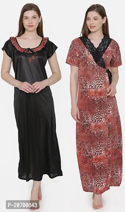 Leopard Print Satin Nighty and Robe Set - Red (Size - Free )-thumb4