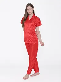 Silky Satin Top And Pyjama Set - Red (Size - Free )-thumb3