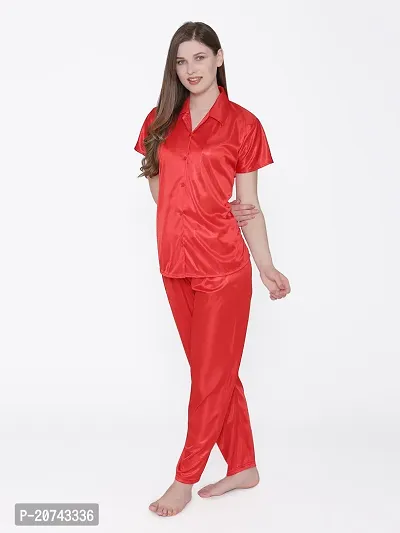 Silky Satin Top And Pyjama Set - Red (Size - Free )-thumb4