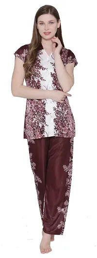 Floral Print Satin Button Up Shirt and Long Leg Pyjama Set - Brown (Size - Free )-thumb3