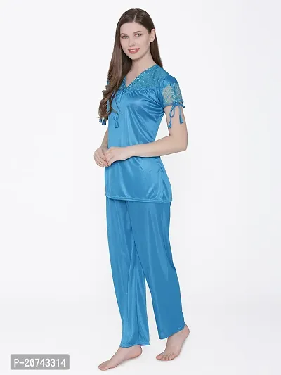 Silky Satin Top And Pyjama Set - Blue (Size - Free )-thumb4