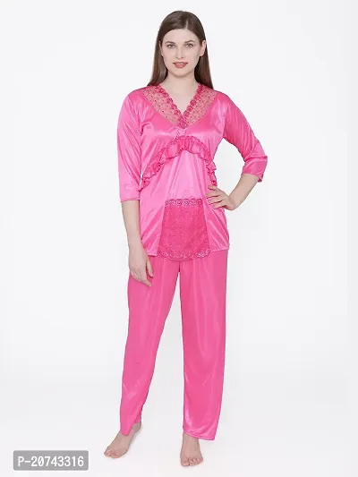 Silky Satin Top And Pyjama Set - PinK (Size - Free )-thumb2