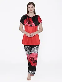 Floral Print Satin Top and Long Leg Pyjama Set - Red (Size - Free )-thumb2