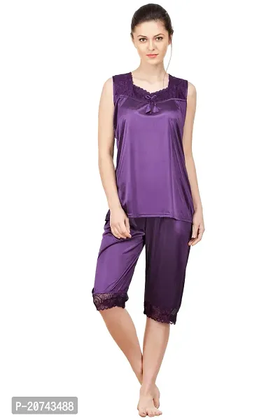 Silky Satin Top And Capri Set - Purple (Size - Free )-thumb0