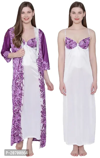 Floral Print Satin Nighty and Robe Set - Purple (Size - Free )