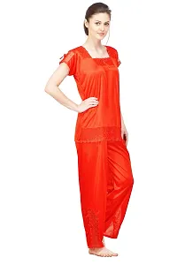 Silky Satin Top And Pyjama Set - Red (Size - Free )-thumb1